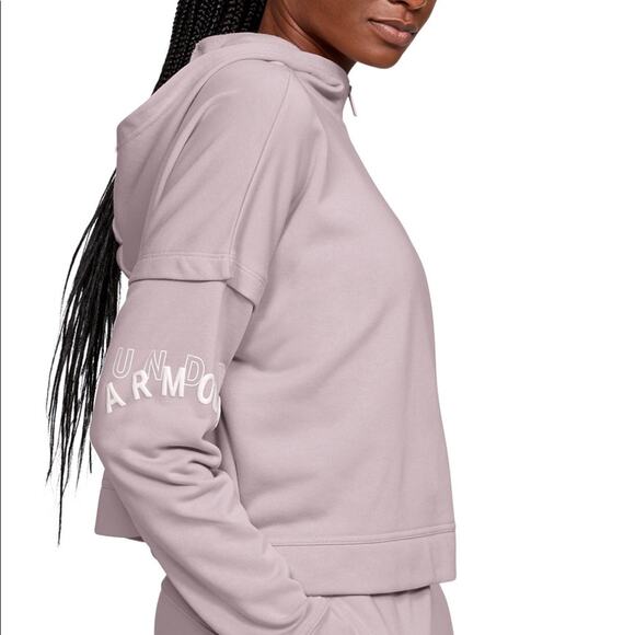 Under Armour Sweatshirt NWT Dusty Pink Cropped Hooded 1/4 Zip Logo Women's Large - Picture 1 of 5